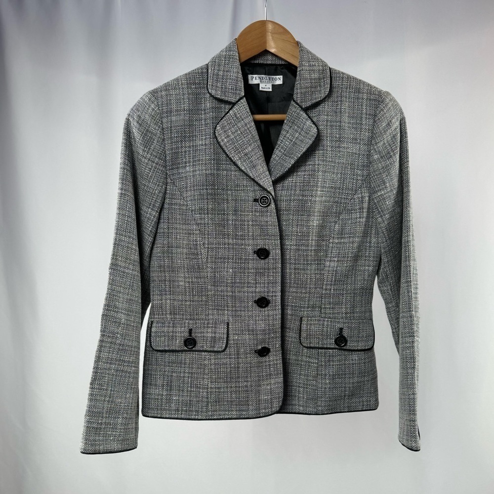 Pendleton Virgin Wool‎ Silk Blend Button Front Tweed Jacket in Black Petite 4